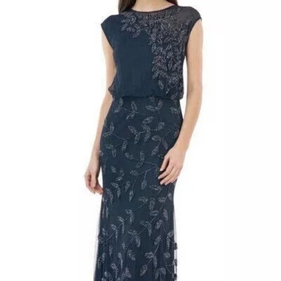 JS Collections Navy Blue Beaded Leaf Chiffon Trumpet Gown - Picture 1 of 4